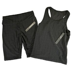 New Mix Black Textured Biker Shorts & Racerback Tank Gym Yoga Set Women L XL